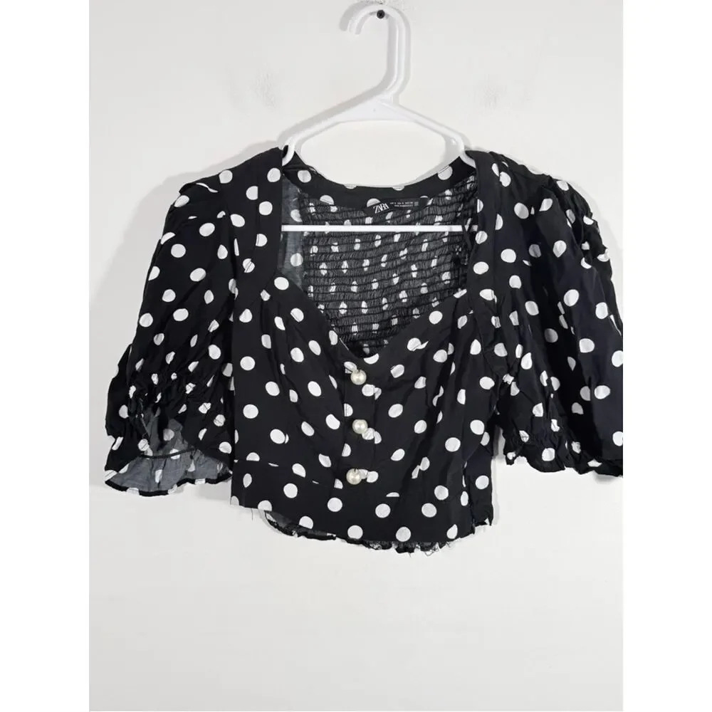 Zara Black White Polka Dot Faux Pearl Button Puff Sleeve Smocked Crop Top Small